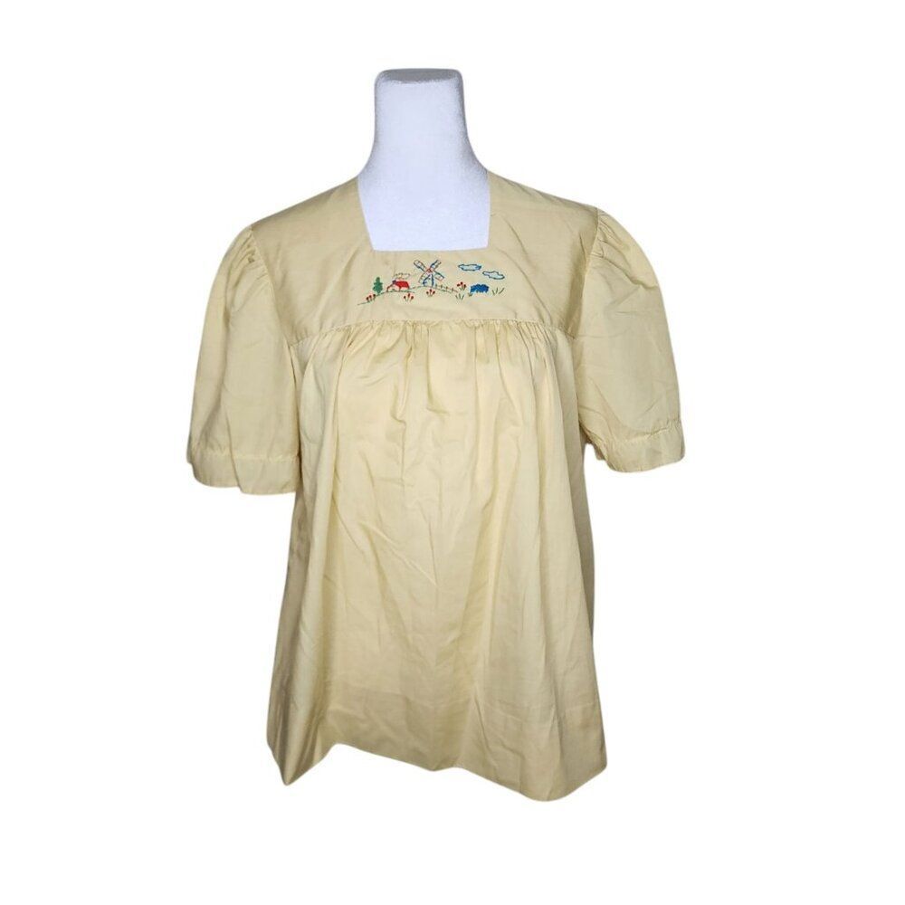 Vintage 60s Flutter Sleeve Embroidered Peasant Blouse Womens Size M Yellow